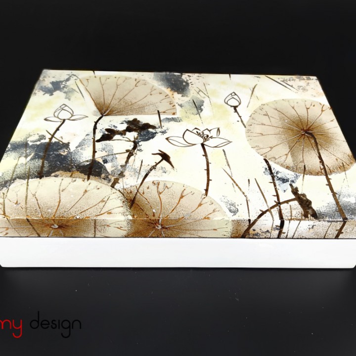 Cream rectangle lacquer box hand-painted with lotus pond 19*29*H6 cm